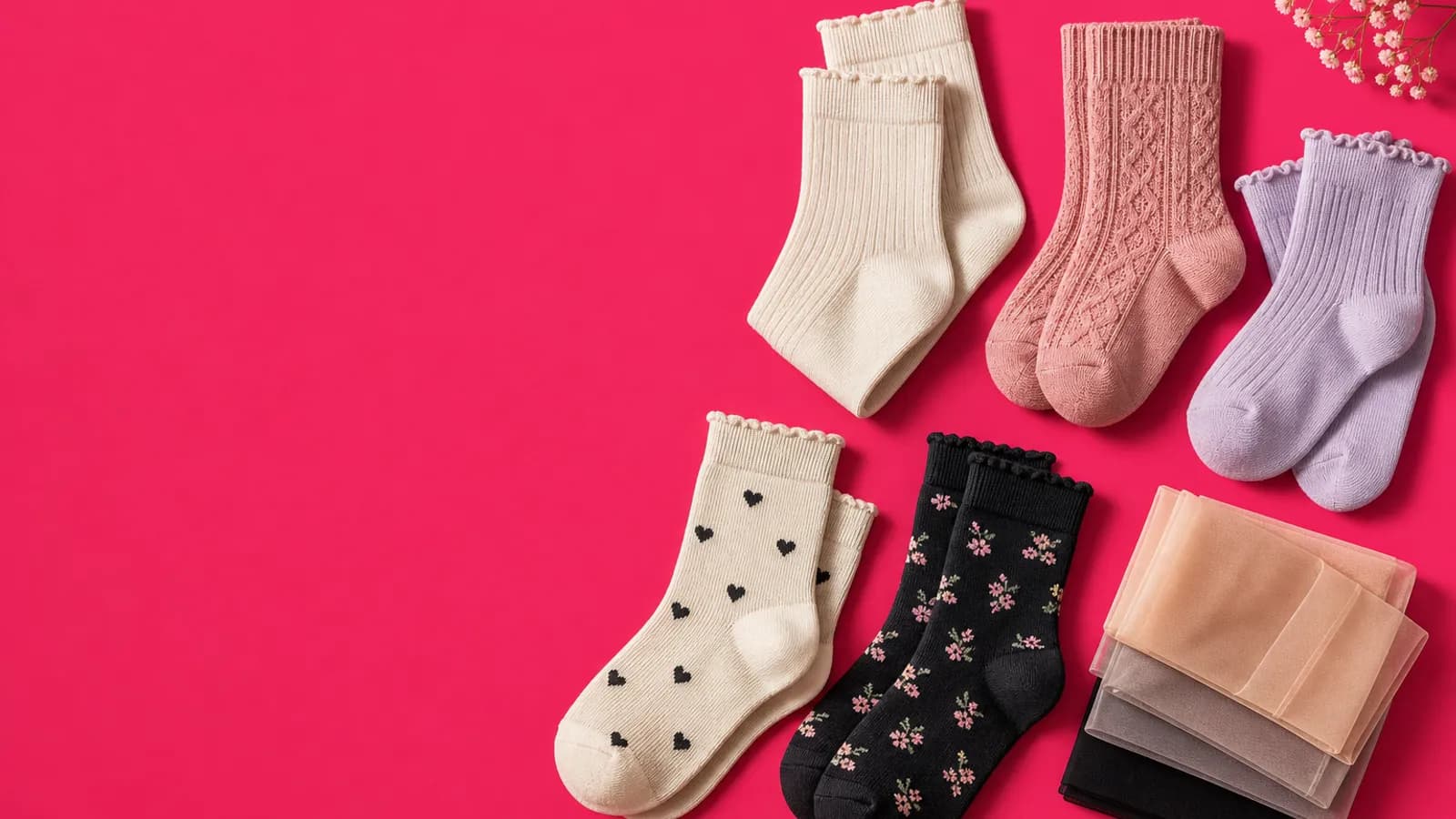 Bunte und getragene Socken auf pinkem Hintergrund